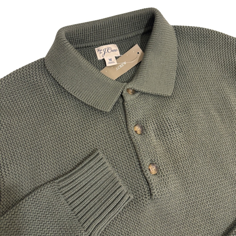 New J.Crew Polo Sweater Mens M Olive Green Thick Ribbed Knit Cotton Long Arms